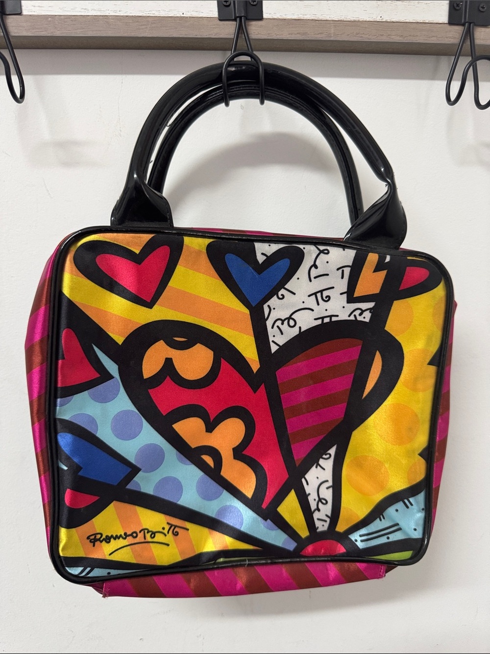 Multicolor Heart Print Satchel with Black Handles